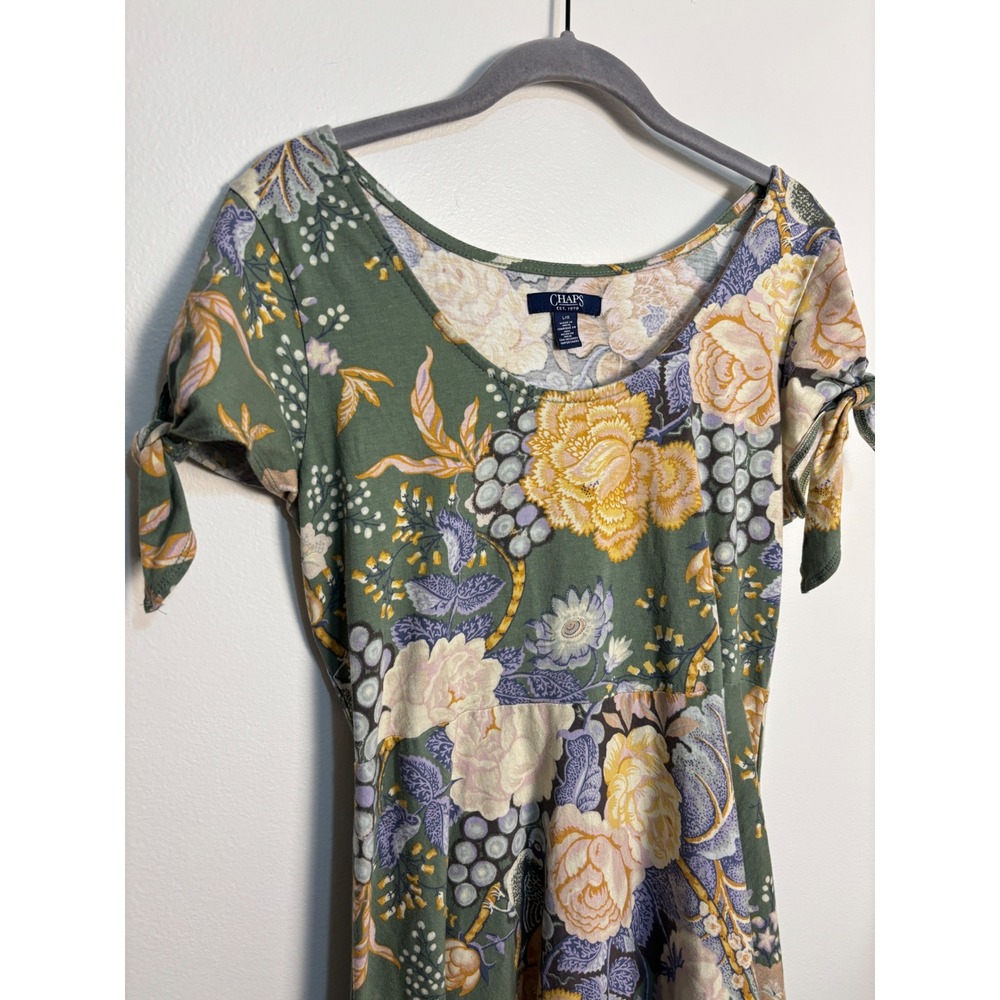 Chaps Maxi Dress Womens Large 100% Cotton Green Floral Tie Sleeve Boho Cottage - Picture 9 of 9